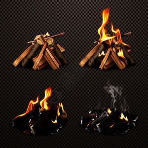 四个营火阶段的燃烧木材煤的透明背景现实矢量插图图片