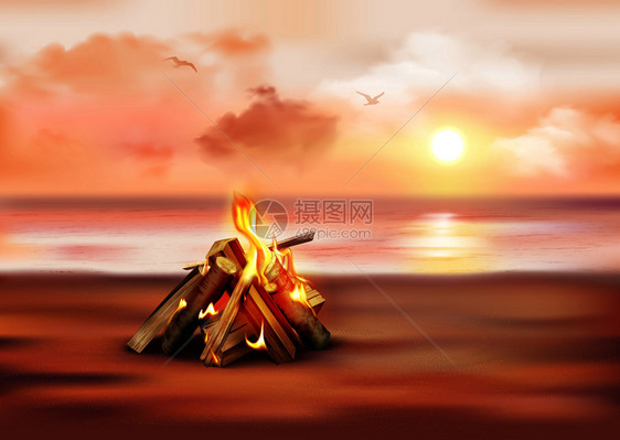 傍海洋景观日落的现实构图与篝火沙岸矢量插图图片