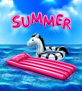 夏季写实蓝色海报与充气游泳救生筏为儿童海上背景现实矢量插图图片