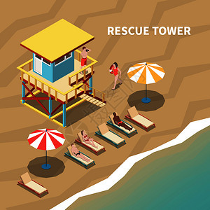 救生员救援塔人们海滩三维等距矢量插图图片