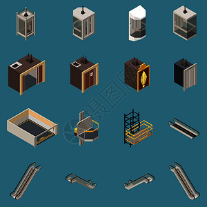 等距图标与各种电梯自动扶梯隔离蓝色背景三维矢量插图图片
