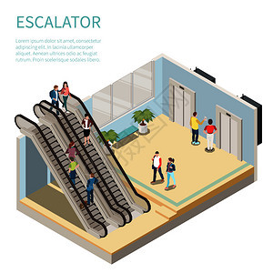 等距构图与人们用自动扶梯等待电梯三维矢量插图背景图片