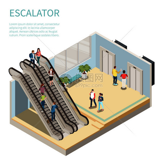 等距构图与人们用自动扶梯等待电梯三维矢量插图图片