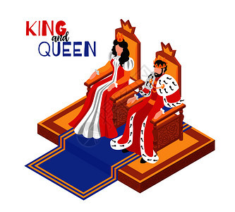 等距城堡皇家内部构图,文字人物的国王王后坐王位矢量插图图片