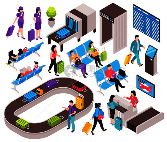 等距机场集与机场航站区的孤立元素与电子设备人字矢量插图图片