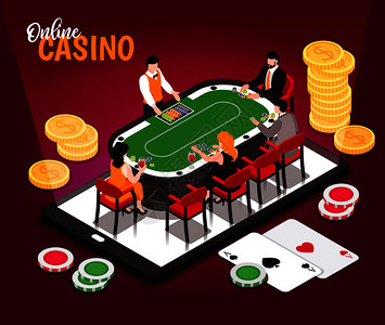 等距线赌场成与华丽的文本硬币堆图像与赌桌矢量插图背景图片