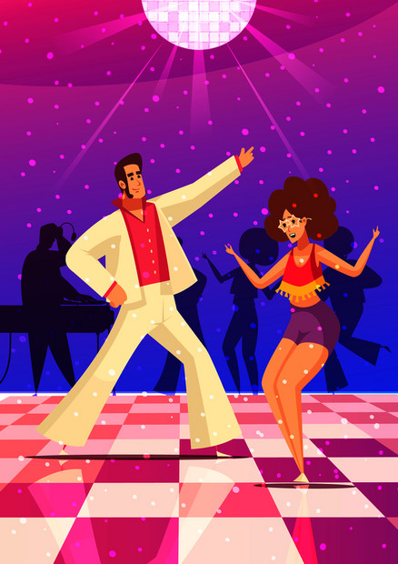 复古迪斯科派背景与夫妇跳舞平矢量插图