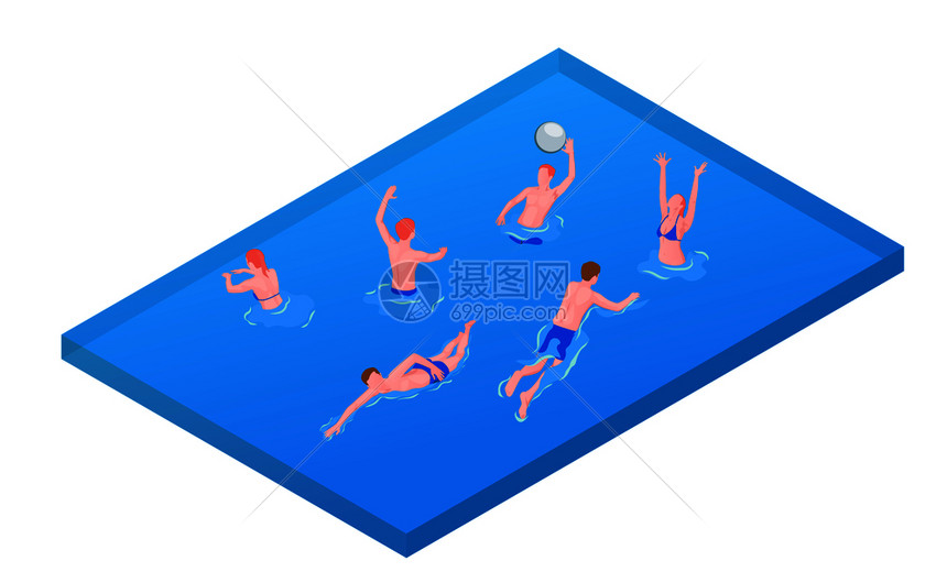 水上运动游戏娱乐活动活动等距成与水球混合队付款人投掷球矢量插图图片