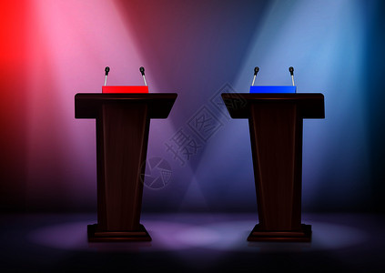 两个法庭辩论舞台上照明的泛光灯现实彩色构图三维矢量插图背景图片