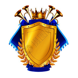 纹章金色盾牌装饰蓝色,国王皇冠角现实的矢量插图图片