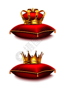 红色抱枕两个金色的皇冠红色仪式枕头上隔离白色背景现实矢量插图插画