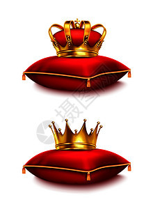 两个金色的皇冠红色仪式枕头上隔离白色背景现实矢量插图图片