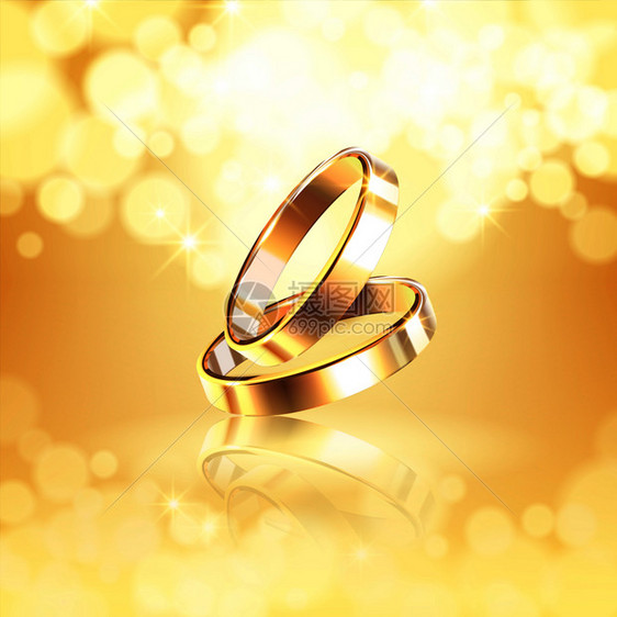 豪华的金色构图,两个光滑的结婚戒指闪亮的背景现实矢量插图图片