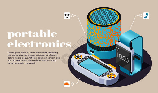 便携式电子海报与智能家庭扬声器游戏男孩口袋游戏健身手镯等距图标矢量插图背景图片