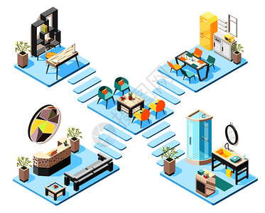 宿舍等距集与元素家具的大厅接待浴室等距内部矢量插图图片