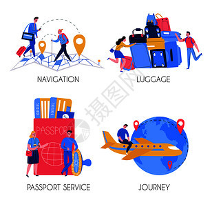 旅游2x2理念与游客行李护照服务成平孤立矢量插图图片
