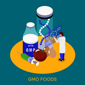 生物工程基因产品研究实验室等距成与基因食品牛奶鸡蛋背景矢量插图图片