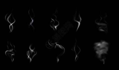 孤立现实的蒸汽烟雾图标白色半透明的黑色背景矢量插图图片