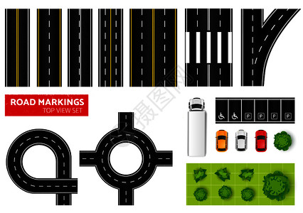 道路汽车树顶视图与图像连接部分,立交桥汽车树木矢量插图图片