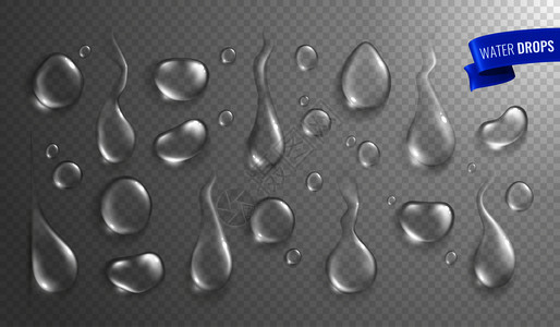 水滴雾璃单色写实与各种形状的大滴与阴影矢量插图图片