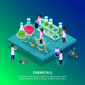 等距平化学背景与五个人工作实验室矢量插图图片