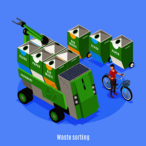 智能城市生态等距背景与垃圾箱图像,用于垃圾分类垃圾收集车辆矢量插图图片