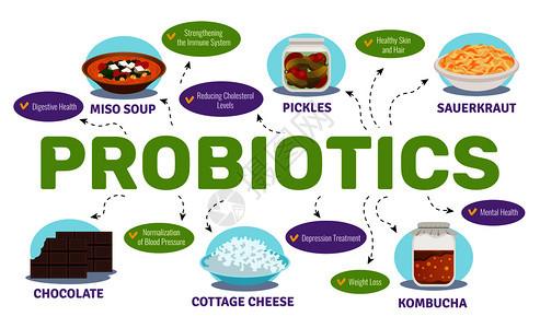 益生菌健康与食品细菌符号平矢量插图图片