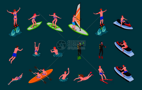 等距彩色水上运动图标与人们游泳冲浪参与潜水风帆其他矢量插图图片