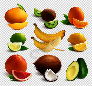 异国水果大集与热带水果的真实图像与叶片透明的背景矢量插图图片