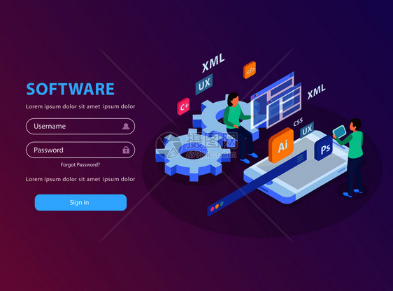 网页开发等距背景登录页与标志字段图标图像矢量插图图片