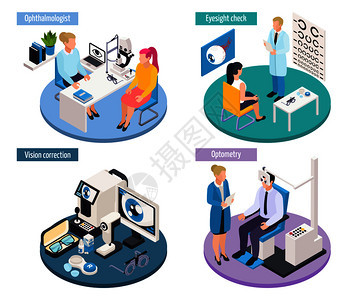 眼科等距2x2与场景的医疗预约专业视力检查工具矢量插图图片
