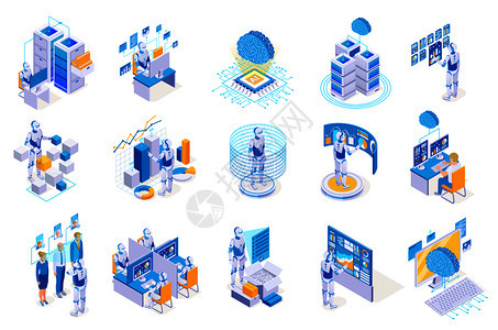 机器人过程自动化等距图标收集与图像机器人工作与未来的计算机界矢量插图背景图片