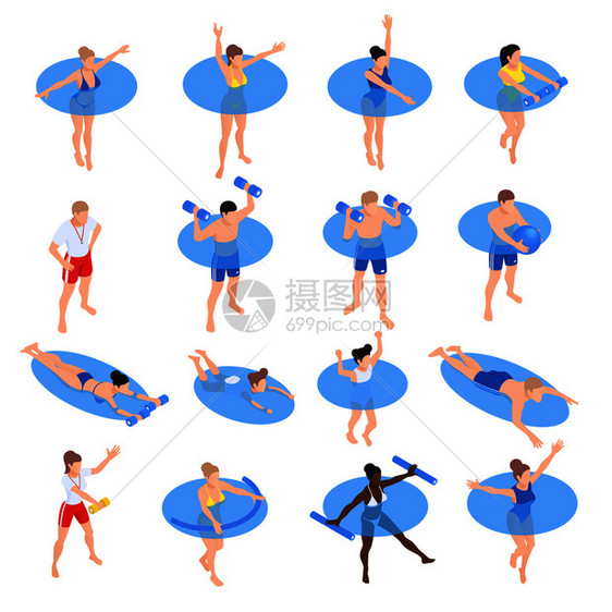 水氧水生健身运动等距图标与人游泳池训练孤立矢量插图图片