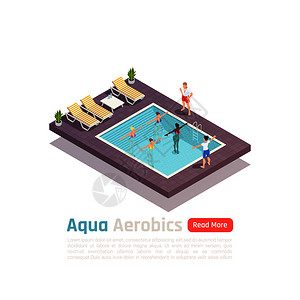 水上健美操健身运动等距成与水上训练度假村室外游泳池矢量插图图片