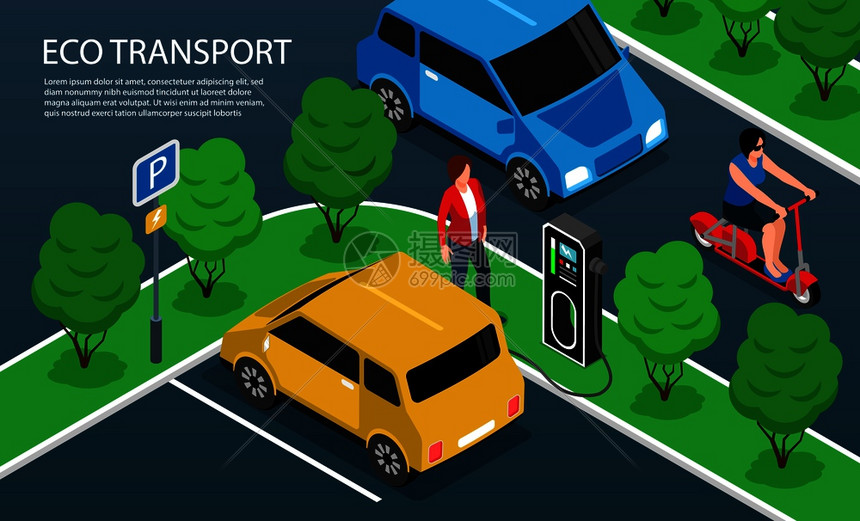 城市建设者的等距片段与生态运输道路充电站水平矢量插图图片