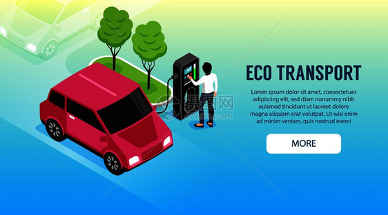 生态运输水平横幅与妇女充电她的电动汽车充电器站等距矢量插图图片