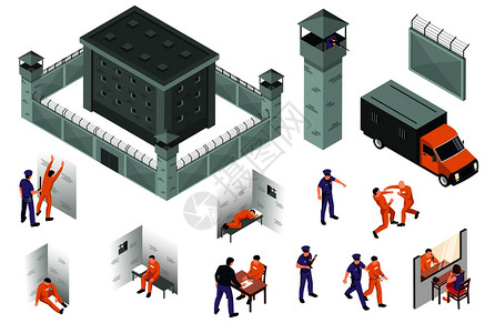 信念监狱等距图标的监狱大楼周围铁丝网塔楼特殊卡车,用于运送囚犯被捕的矢量插图插画