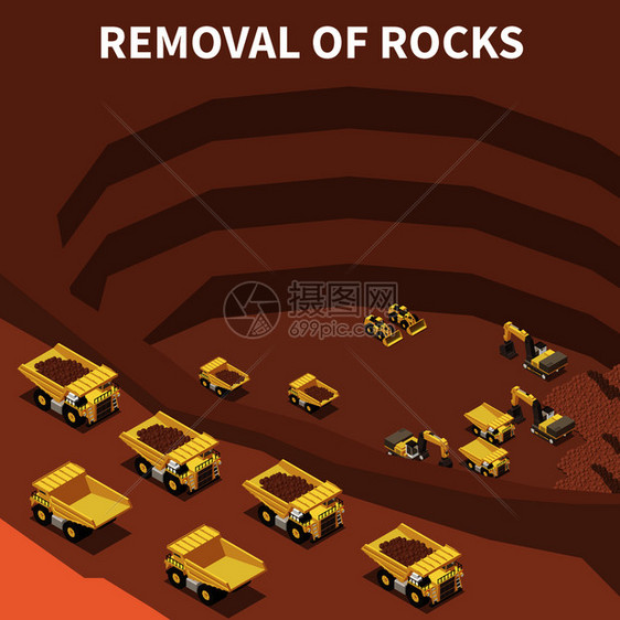 采矿机械卡车挖掘机大采石场移除岩石的三维等距矢量图图片