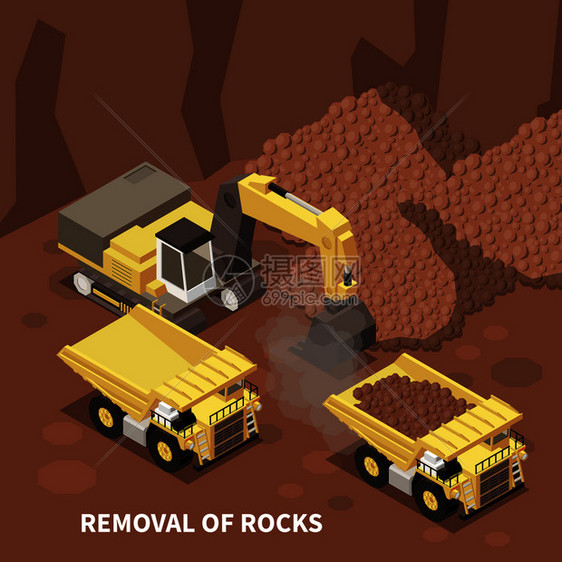 采矿机械等距背景与挖掘机两辆自卸车采石场三维矢量插图中移除岩石图片