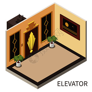 酒店三维矢量插图中电梯等距构图图片