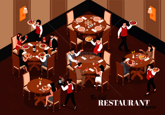 等距餐厅成与室内景观大堂圆桌服务员字符与文本矢量插图图片