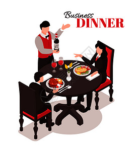 等距餐厅的构图,圆桌上穿着西装的人类人物,服务员华丽的文本矢量插图图片