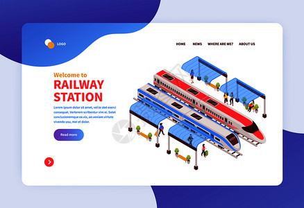 等距火车站横幅网站登陆页与可点击链接可编辑文本矢量插图图片