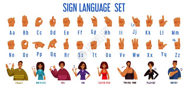 手语与聋手符号平孤立矢量插图图片