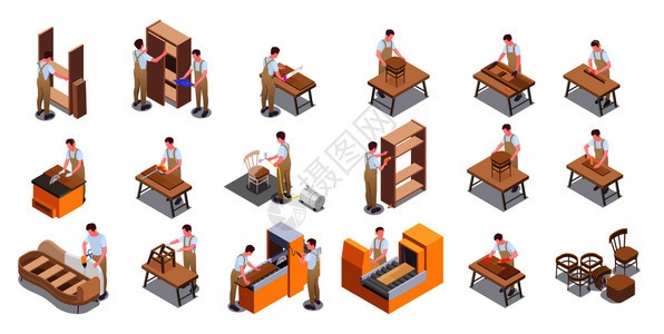 家具生产由现代手工工匠大等距图标与木工软垫装绘画矢量插图图片