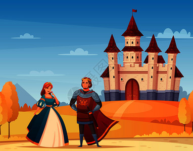中世纪人物卡通背景与城堡国王皇后矢量插图图片
