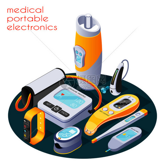 医用便携式电子等距成与葡萄糖计压力监测温度计皮肤测试仪数字设备矢量插图图片