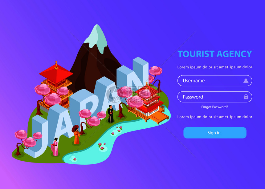 日本亚洲定制旅程创建者游客指南线旅行社等距着陆网页矢量插图图片