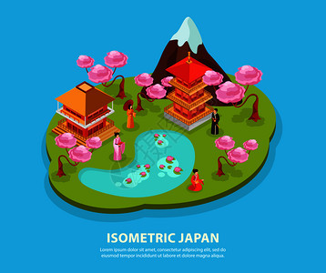 日本文化地标旅游景点等距构图与樱花富士山寺庙卡普斯服矢量插图图片