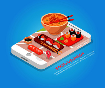 日本食品送货线服务等距成与寿司条汤智能手机屏幕矢量插图背景图片